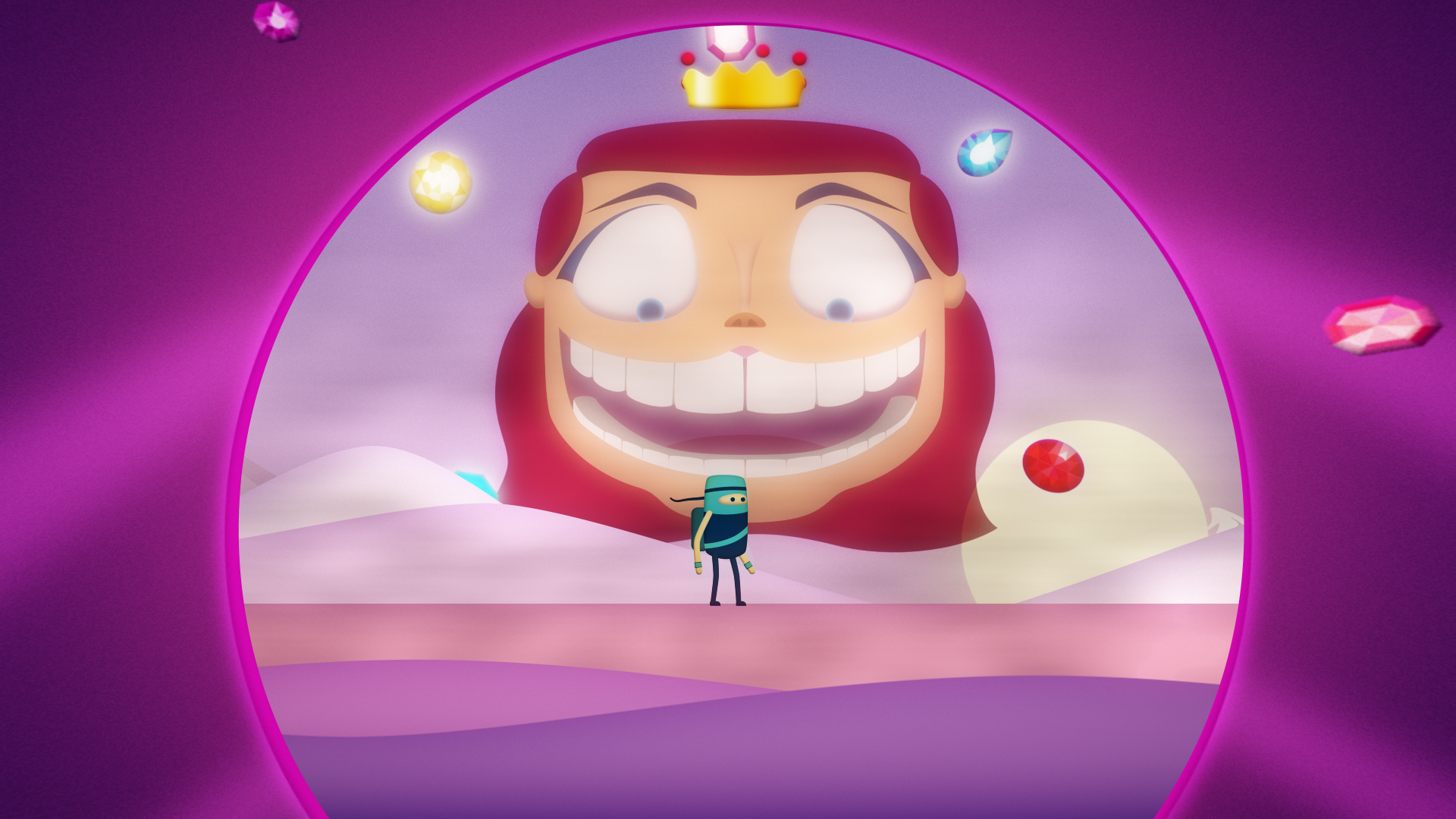 2D cartoon ninja in desert with a giant head of a queen floating above him.