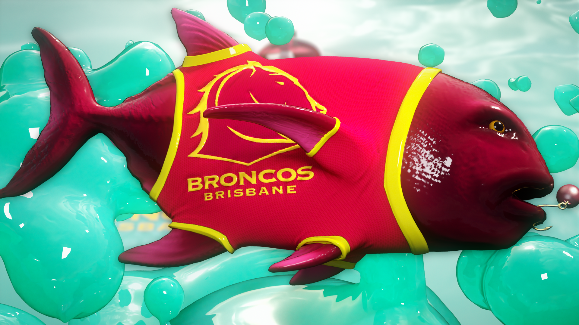 3D modelled fish wearing a Brisbane Broncos jersey